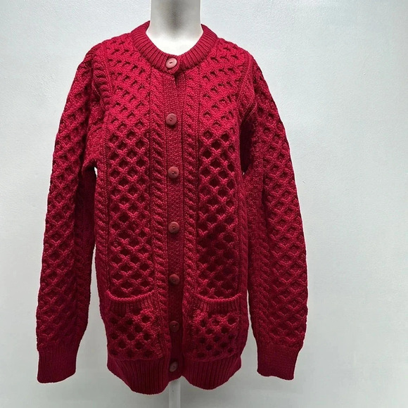Aran Crafts Cardigan Sweater Button Down Pure Merino Wool Red NWOT Size Medium - Picture 1 of 9